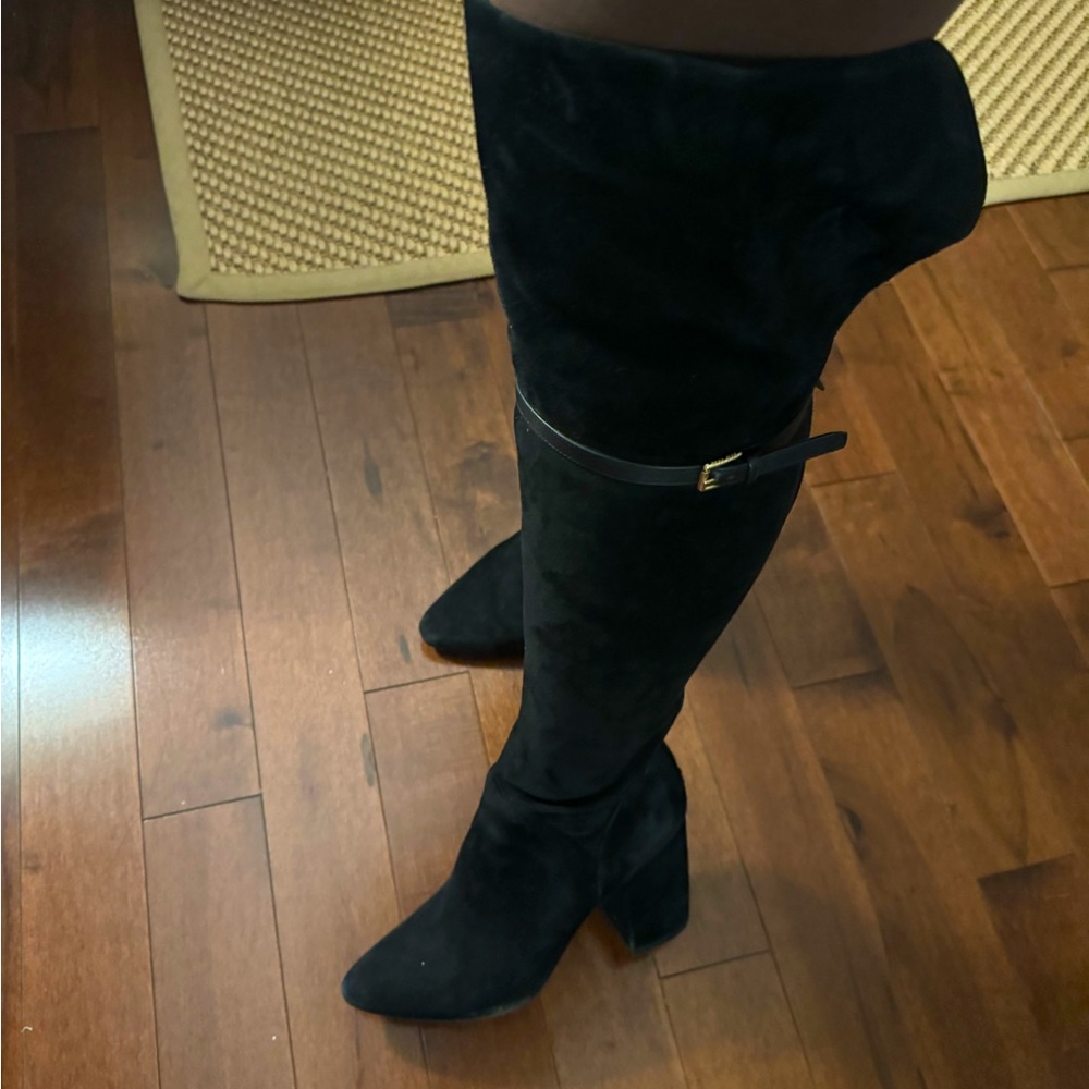 Black suede tall over the knee boots with a block heel